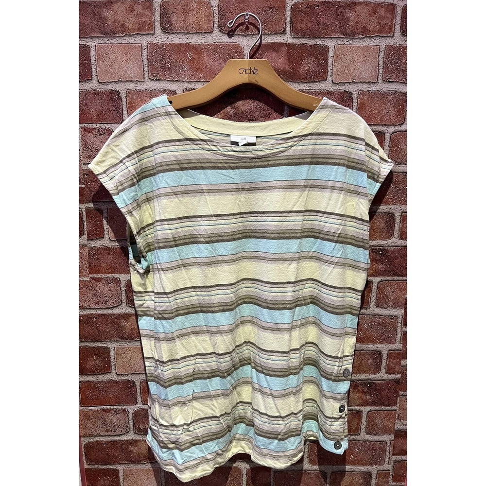 J. Jill Womens Large Short Slv Multi-Colored Boat Neck Striped T-Shirt W/Button